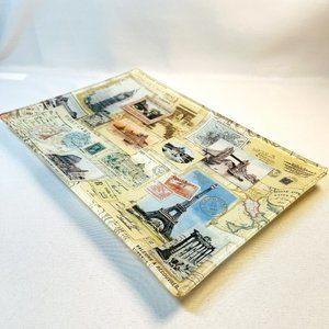 Vintage Postcard Photo Glass Tray Reverse Decorated Italy France Fringe 12”
